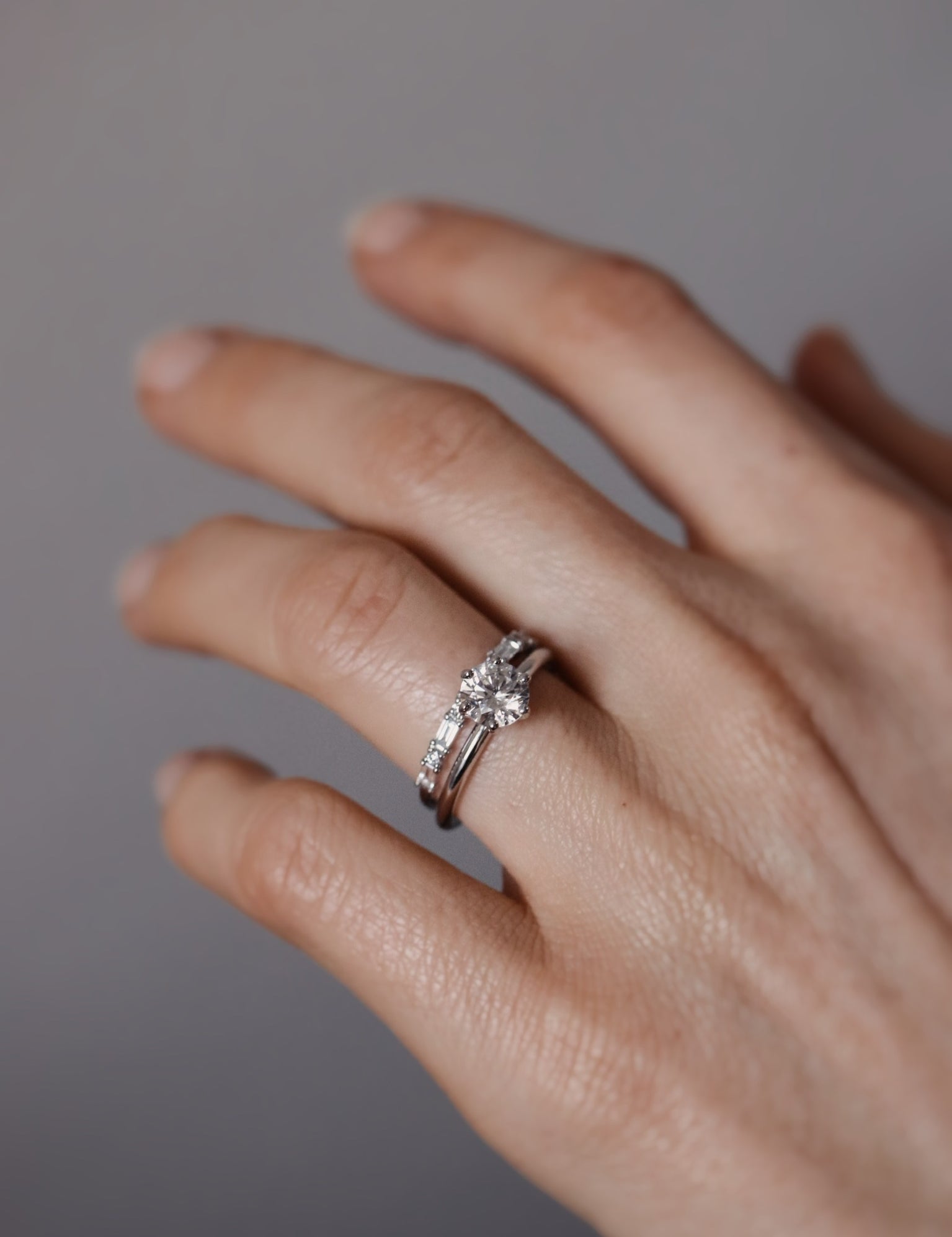 Classic Diamond Solitaire RIng and Minimalistic Baguette Brilliant Diamond Band