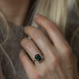 Solitaire Ring with Dark Green Tourmaline and Diamond Halo