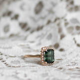 Solitaire Ring with Dark Green Tourmaline and Diamond Halo