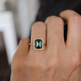Solitaire Ring with Dark Green Tourmaline and Diamond Halo
