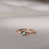 Finished: Solitaire Sparkle Ring with a Bluish Olive Green Sapphire and Champagne Diamonds