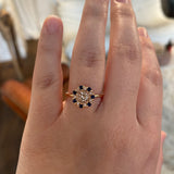 Finished: 24 Hour Auction! One-Of-A-Kind Flower Ring with Champagne Morganite and a halo of Dark Blue Sapphires and Diamonds (1.48 CT)