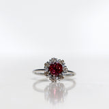 One-Of-A-Kind Flower Ring with Rhodolite Garnet and a halo of Champagne Diamonds and Diamonds in White Gold (1.28 CT)