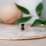 Solitaire Ring with Dark Green Tourmaline and Diamond Halo